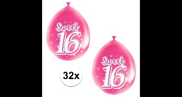 Folat Sweet 16 verjaardag ballonnen - 32x stuks - roze - 16 jaar verjaardag feestartikelen