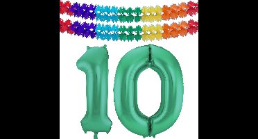 Folat Verjaardag Leeftijd folieballon - 10 jaar - groen - 86 cm - incl 2x slingers
