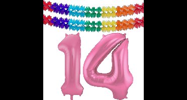 Folat Verjaardag Leeftijd folieballon - 14 jaar - roze - 86 cm - incl 2x slingers