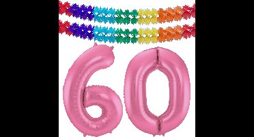 Folat Verjaardag Leeftijd folieballon - 60 jaar - roze - 86 cm - incl 2x slingers