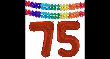 Folat Verjaardag Leeftijd folieballon - 75 jaar - rood - 86 cm - incl 2x slingers