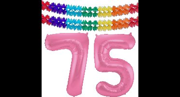 Folat Verjaardag Leeftijd folieballon - 75 jaar - roze - 86 cm - incl 2x slingers