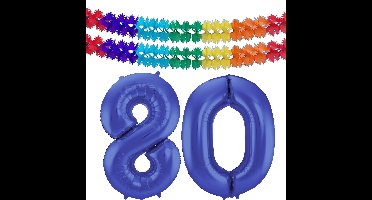Folat Verjaardag Leeftijd folieballon - 80 jaar - blauw - 86 cm - incl 2x slingers