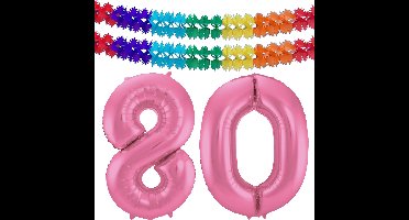 Folat Verjaardag Leeftijd folieballon - 80 jaar - roze - 86 cm - incl 2x slingers