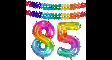 Folat Verjaardag Leeftijd folieballon - 85 jaar - multi kleuren - 86 cm - incl 2x slingers