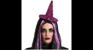 Halloween heksenhoed - mini hoedje op diadeem - one size - paars glitter - meisjes/dames