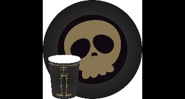 Halloween/horror doodshoofd/schedel servies set - bordjes bekertjes - 32x - zwart - papier