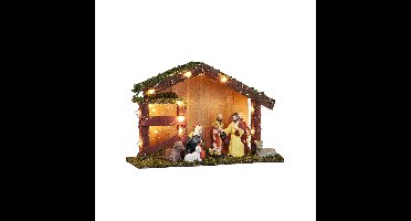 HI Verlichte kerststal - porselein/mos/hout - 30 x 10 x 20 cm?- incl. 9 beeldjes/figuren