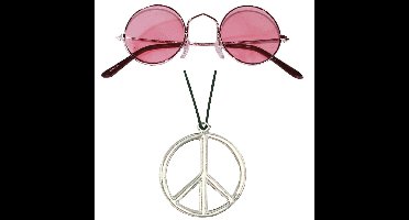 Hippie Flower Power Sixties verkleed set ketting met roze party bril