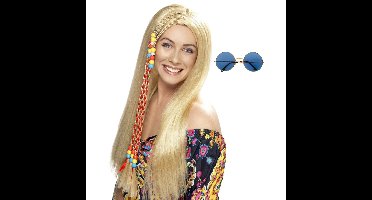 Hippie Sixties Flower Power verkleedset dames - Pruik blond - bril ronde glazen blauw