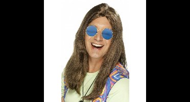 Hippie Sixties verkleed set - Pruik lang haar bruin - bril ronde glazen blauw - heren
