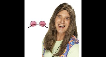 Hippie Sixties verkleed set - Pruik lang haar bruin - bril ronde glazen roze - heren