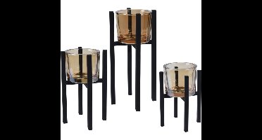 Home & Styling Theelichthouders - set 3x stuks - zwart - metaal/glas - Waxinelichthouders