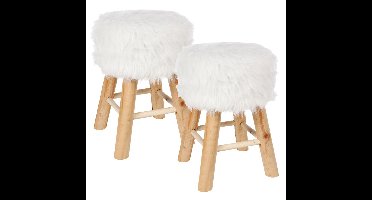 Home & Styling zit krukje Malmo - 2x - houten onderstel en fluffy stof - wit - D30 x H43 cm