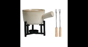 Kaasfondue setje met houder - porselein - beige/zwart - incl. 2 vorken
