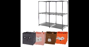 Kastmandjes/opberg mandjes - 4x stuks van 29L - Dieren gezicht prints - In rekje 68 x 68 cm