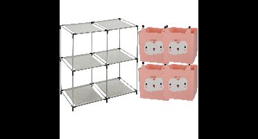 Kastmandjes/opberg mandjes - uilen print - roze - 4x stuks van 29L - In rekje van 68 x 68 cm