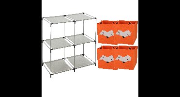 Kastmandjes/opberg mandjes - vossen print - oranje - 4x stuks van 29L - In rekje van 68 x 68 cm