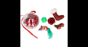 Katten/poezen speelgoed - 5x st speeltjes in kerstbal giftbox - kerstcadeau