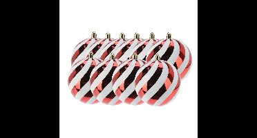 Kerstballen - 10x stuks - 8 cm - rood/wit - strepen - kunststof - kerstversiering
