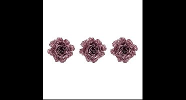 Kerstboomversiering Bloemen - 4x - 10 cm - roze glitter - op clip - ornament