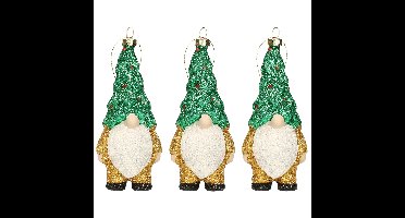 Kersthanger gnome/dwerg/kabouter - 3x - kunststof - 12,5 cm - goud/groen