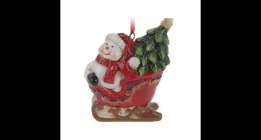 Kersthanger sneeuwpop in slee - rood - 8 cm - keramiek - kerstornament - kerstboomversiering
