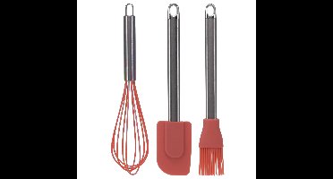 Keukengerei set - 3 stuks - garde/pannenlikker/bakkwast - rood - RVS/siliconen - Ca. 26 cm