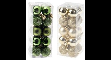 Kleine kunststof kerstversiering 40x stuks set en 3 cm kerstballen in het goud en appelgroen