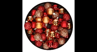 Kleine kunststof kerstversiering 40x stuks set en 3 cm kerstballen in het koper en rood