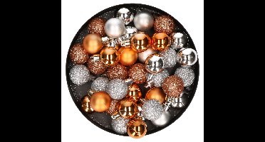 Kleine kunststof kerstversiering 40x stuks set en 3 cm kerstballen in het zilver en koper