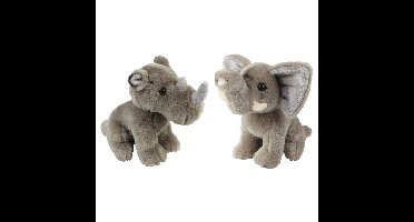 Knuffeldieren set olifant en neushoorn pluche knuffels 18 cm
