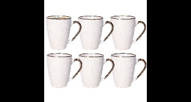 Koffiemokken Harlekijn - 8x stuks - Keramiek - wit/goud - 300 ml - 8 x 11 cm