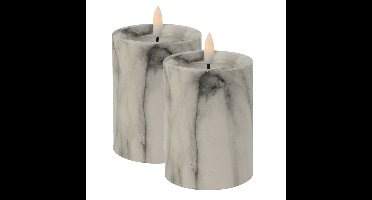 LED kaars/stompkaars - 2x st - wit/grijs marmer look - D7,5 x H10 cm