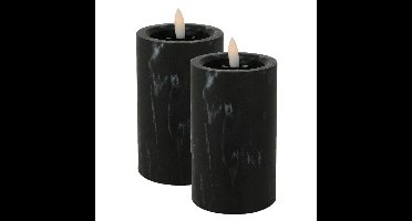 LED kaars/stompkaars - 2x st- zwart marmer look - D7,5 x H12,5 cm