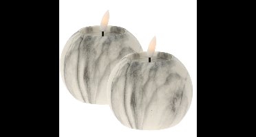 LED kaarsen/bolkaarsen - 2x st- rond - wit/grijs - marmer - D10 x H7,5 cm