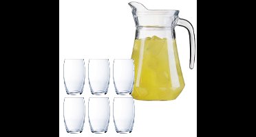 Luminarc schenkkan/waterkan van glas 1.0 liter met 6x waterglazen van 375 ml