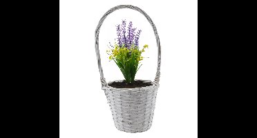 Mand met hengsel - wit - D24 x H19 cm - rotan - gevlochten riet - hengselmand