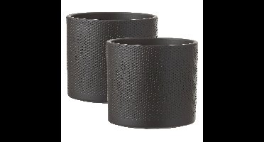Mica Decorations Bloempot - 2x - donkergrijs - relief - keramiek - 17 x 19 cm