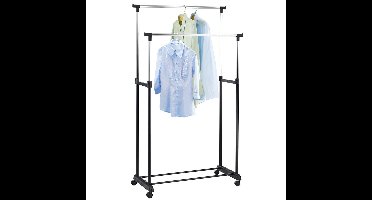 Mobiel kledingrek dubbele stang - zwart/chroom - verstelbaar 100 tot 170 cm - met wielen