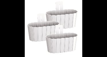 Muur plantenpot/bloempot houtlook - Set van 3x stuks - kunststof - 27 x 15 cm - parel wit