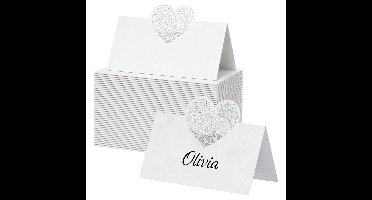 Naamkaartjes / plaatskaartjes hart - Bruiloft - wit - embosssed - 50x stuks - 9 x 6,5 cm