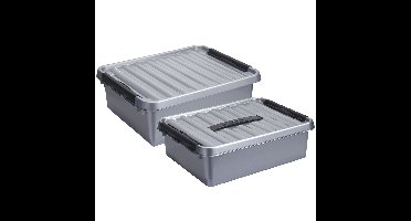 Opberg boxen set 2x stuks 10 en 25 liter kunststof grijs met deksel