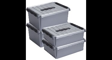 Opberg boxen set 4x stuks 10 en 15 liter kunststof grijs met deksel