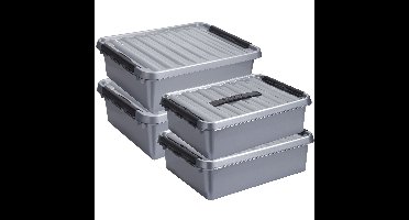 Opberg boxen set 4x stuks 10 en 25 liter kunststof grijs met deksel