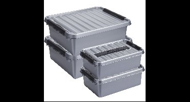 Opberg boxen set 4x stuks 12 en 25 liter kunststof grijs met deksel