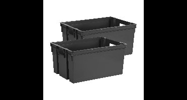 Opbergbox/opbergkrat 50 L - 2x - zwart - kunststof - 56 x 41 x 29 cm - stapelbaar/nestbaar