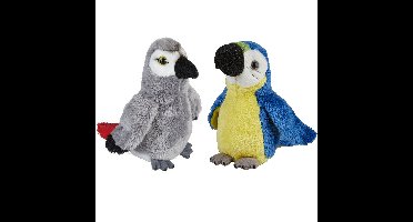 Papegaaien serie pluche knuffels 2x stuks -Blauwe en Grijze van 15 cm
