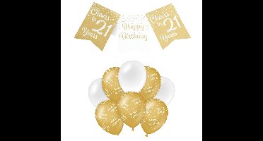 Paperdreams Luxe 21 jaar feestversiering set - Ballonnen & vlaggenlijnen - wit/goud