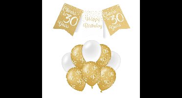 Paperdreams Luxe 30 jaar feestversiering set - Ballonnen & vlaggenlijnen - wit/goud